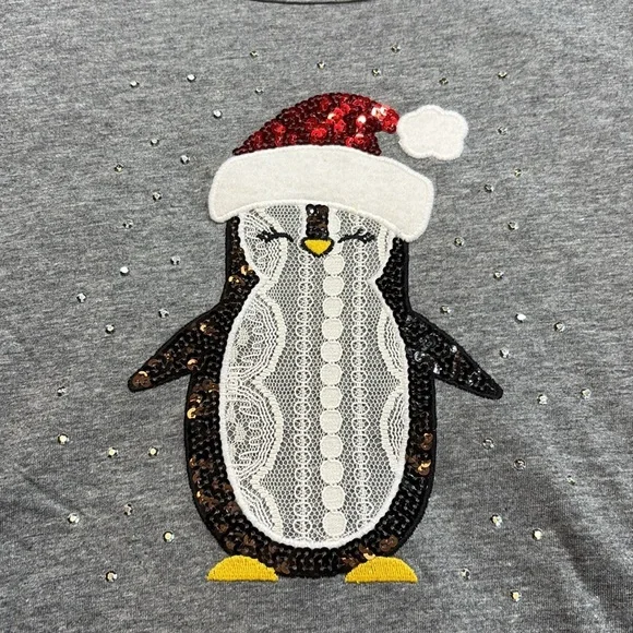 CATHERINES Sequin Penguin Graphic Grey Quarter Sleeve Top sz 4X - Picture 3 of 10